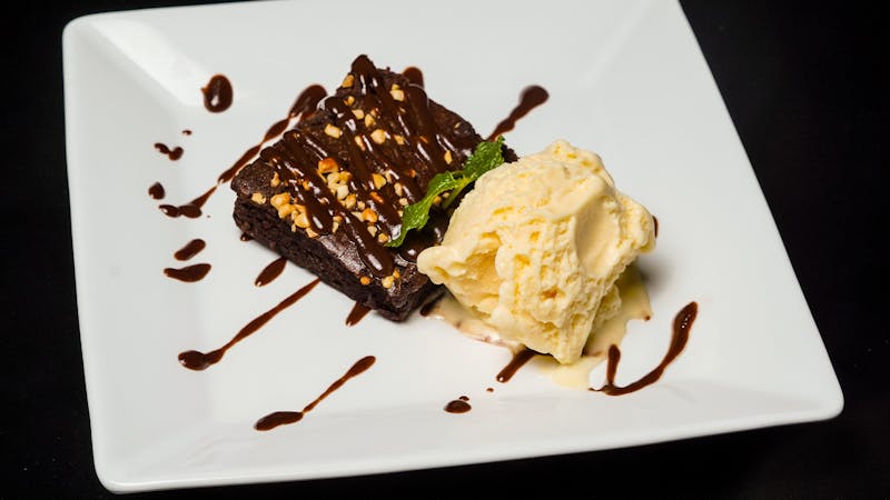 Chocolate Lava Brownie dessert with vanilla ice cream